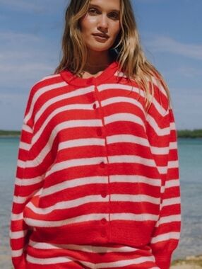 Daily Drills Striped Cardigan Button Up Sweater Heart + Pale Pink